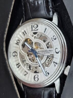 Stuhrling Original Mens Skeleton Automatic Watch ST-90050 Silver Black Leather